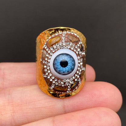 Evil Eye Swarovski Crystal & Inlaid 18K Gold Plated Stainless Steel Ring