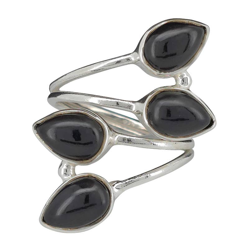4-Stone Black Onyx Silver Adjustable Ring