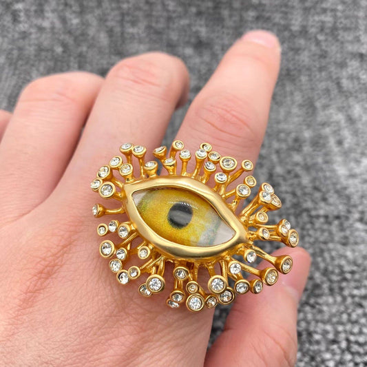 Swarovski Crystal Inlaid Evil Eye 24K Gold Plated Adjustable Ring