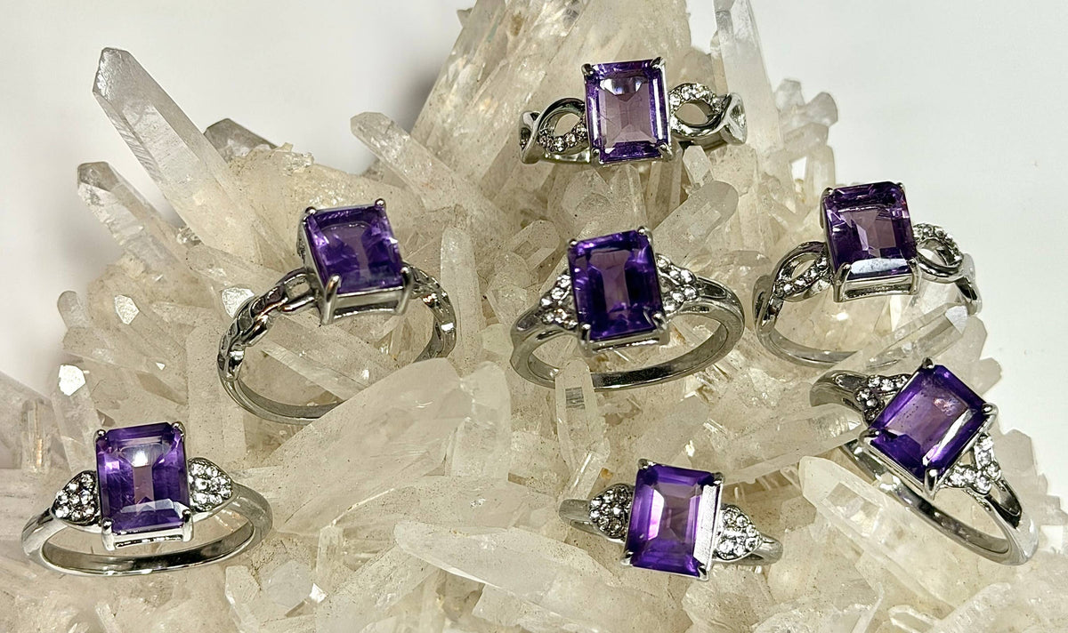 Natural Amethyst Emerald Cut Stainless Steel Ring 7x9mm