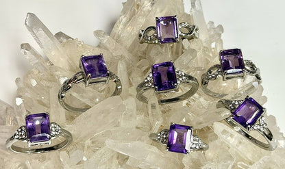 Natural Amethyst Emerald Cut Stainless Steel Ring 7x9mm