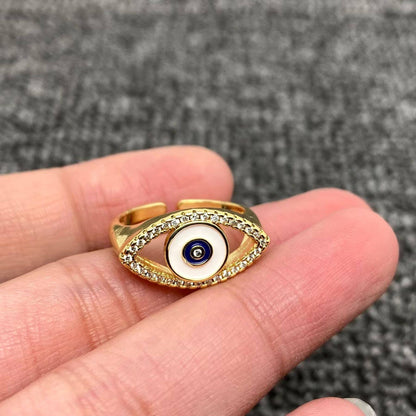 Enamel Rhinestone Turkish Evil Eye Golden Adjustable Rings