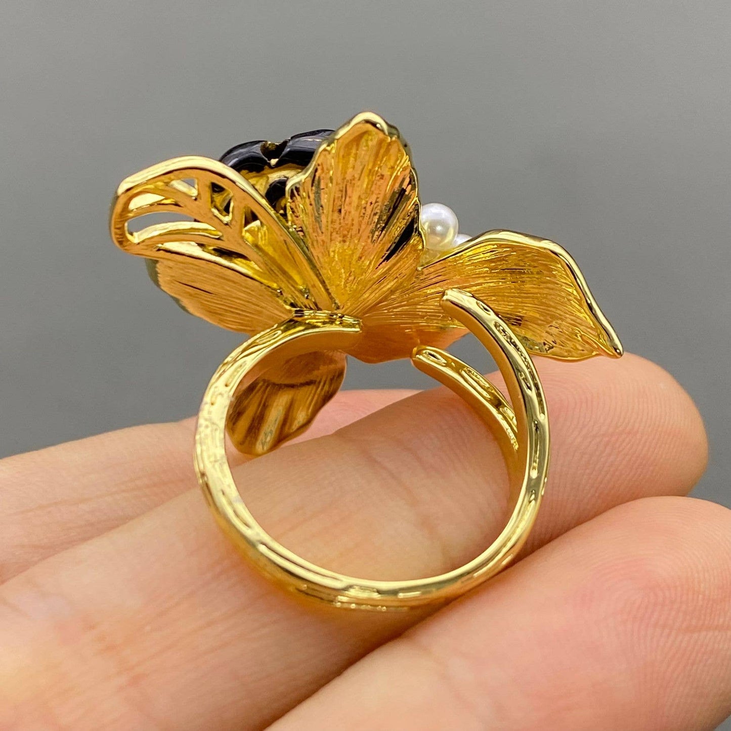 Vintage 14K Gold Plated Enamel Rose Adjustable Ring
