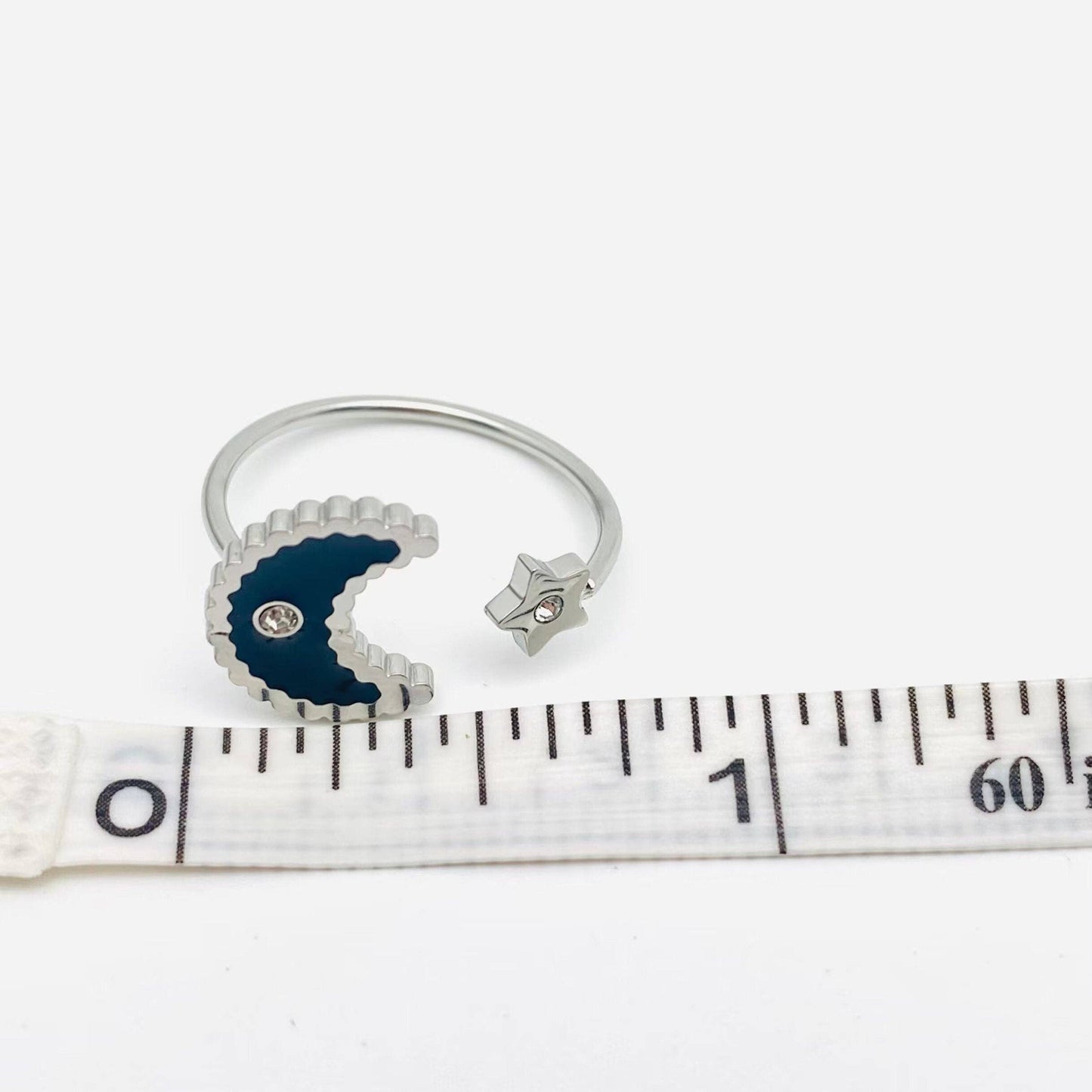 Black Enamel Moon & Star Stainless Steel Adjustable Ring