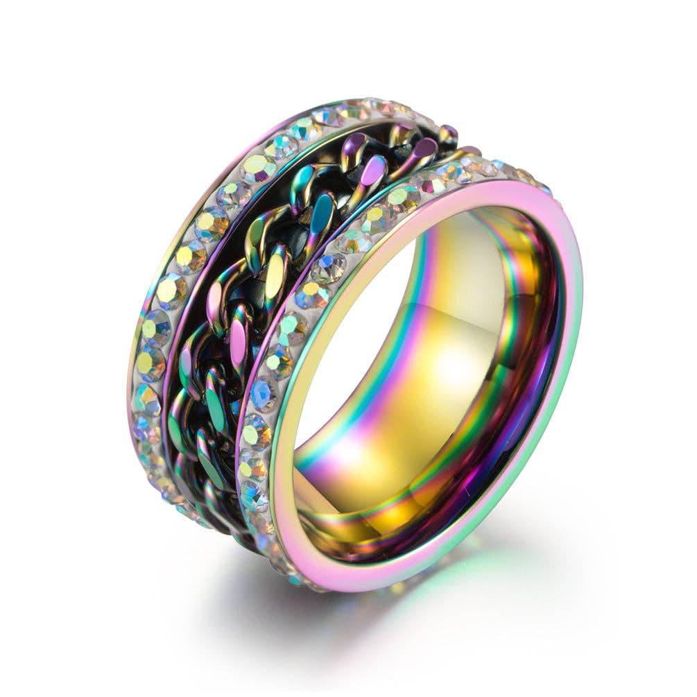 Titanium & Stainless Steel Rhinestone Rotatable Chain Fidget Ring