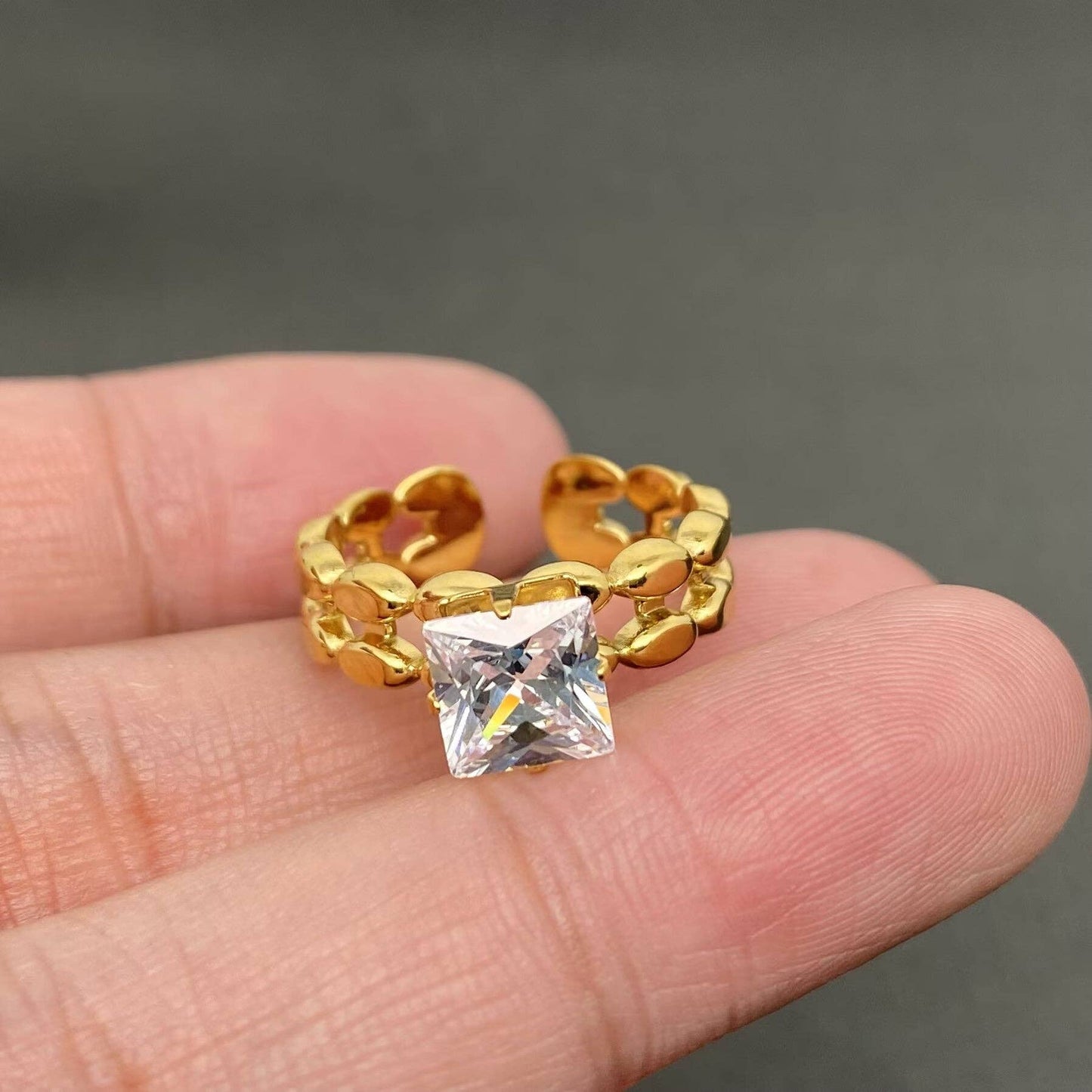 Zirconia Inlaid Irregular Geometry 18K Gold Plated Stainless Steel Ring