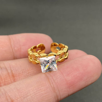 Zirconia Inlaid Irregular Geometry 18K Gold Plated Stainless Steel Ring