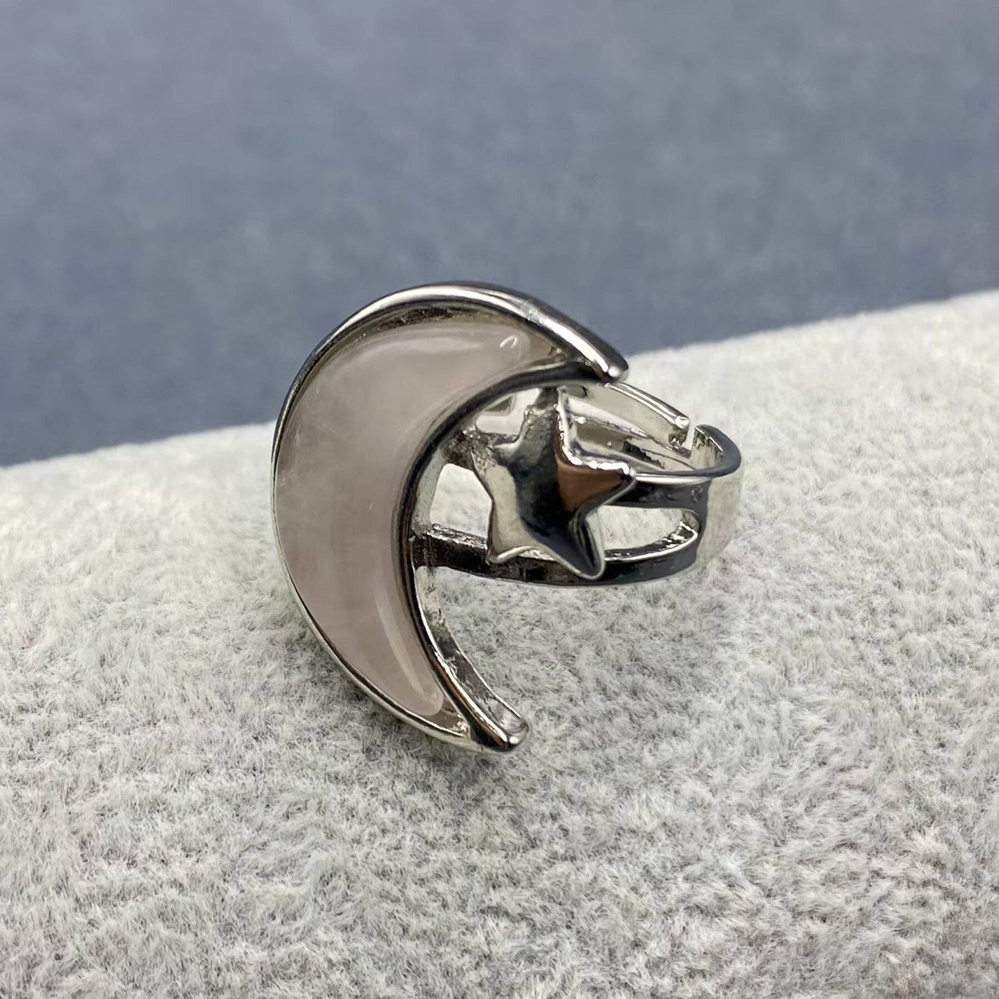 Agate Moon & Star Silver Tone Adjustable Ring