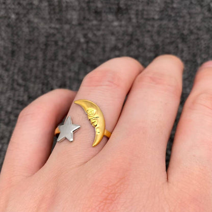 Two Tone 18K Gold Plated Stainless Steel Star Moon Ring