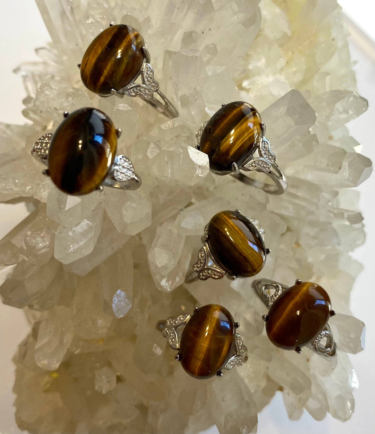 Natural Tiger Eye Ring White Bronze Ring