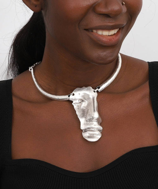 Antique Silver Plated Big Face Pendant Necklace