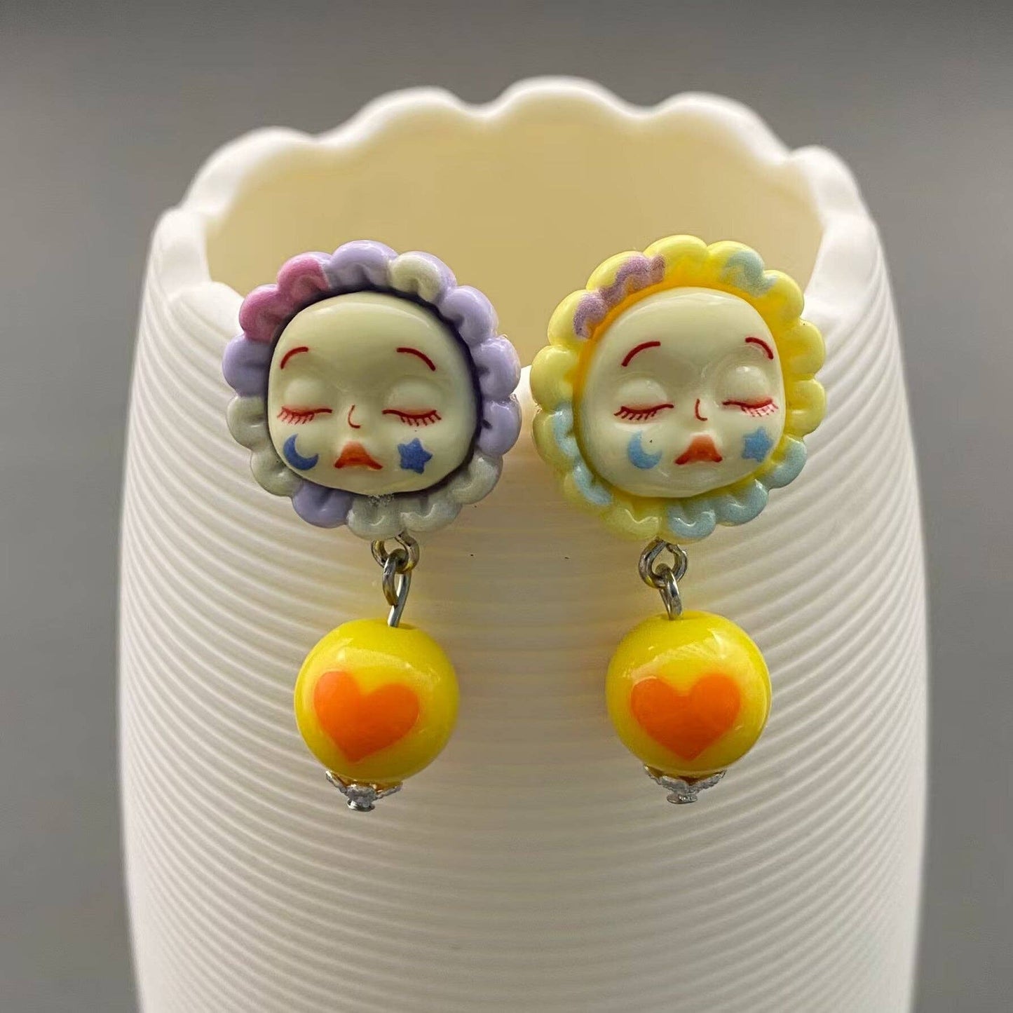 Sunflower Clown Face Doll Earrings - Y2K