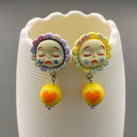 Sunflower Clown Face Doll Earrings - Y2K