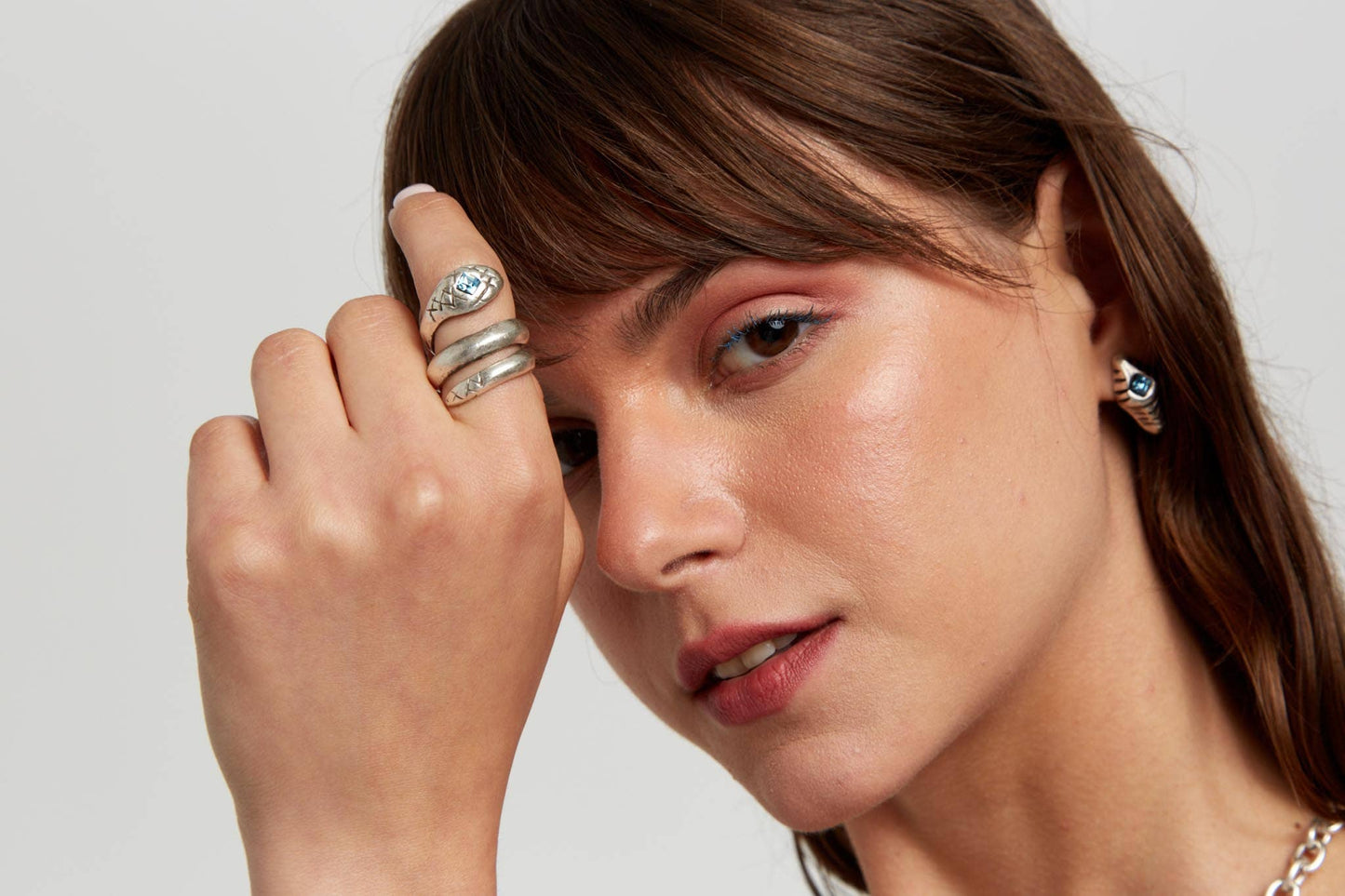 Handmade 945 Silver Plate over Brass Snake Ring With Blue Swarovski Crystal