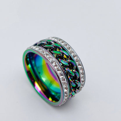 Titanium & Stainless Steel Rhinestone Rotatable Chain Fidget Ring