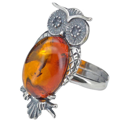 Owl Cognac Amber Sterling Silver Adjustable Ring