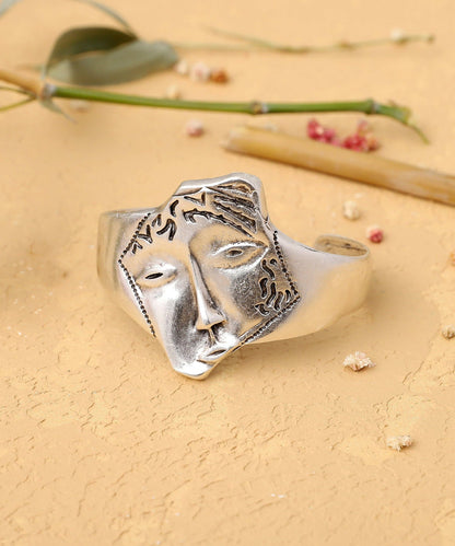 Artisan Silver Cuff Bracelet with Intricate Face Detail