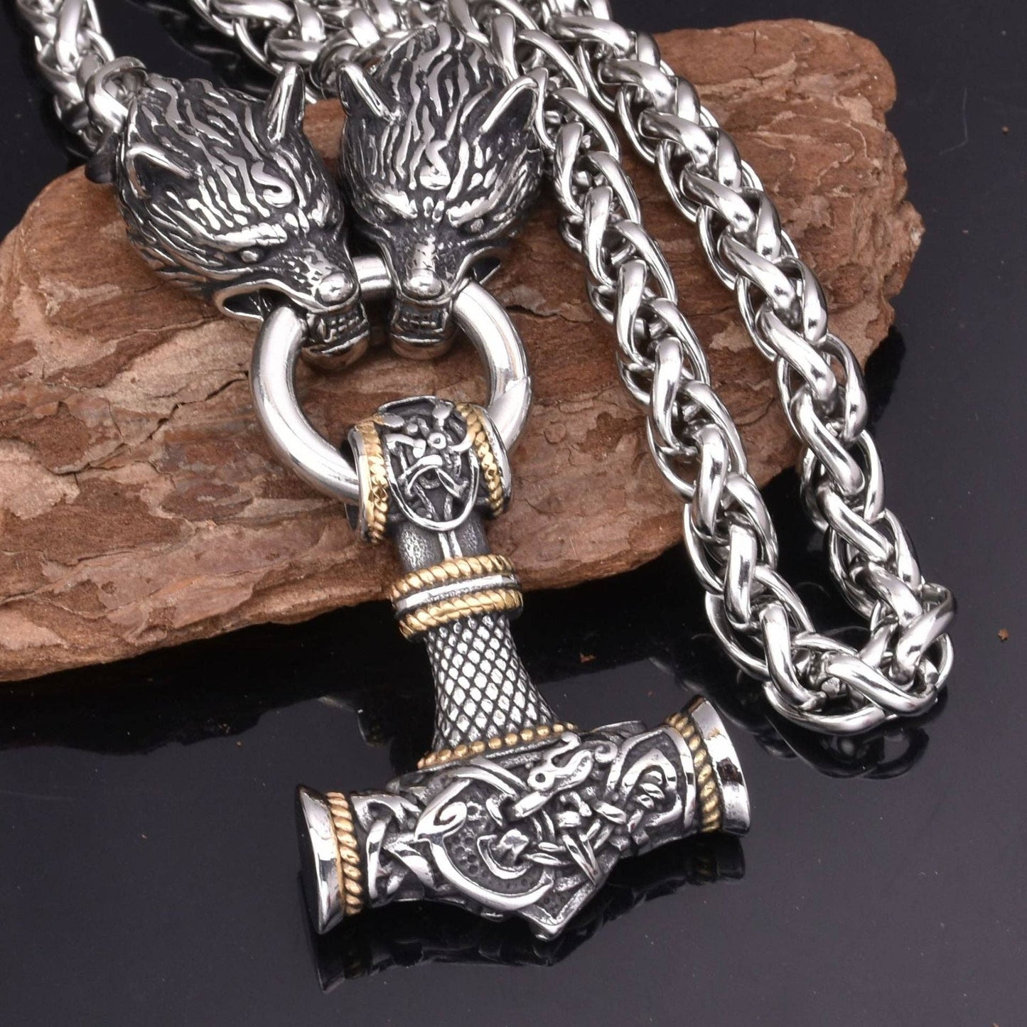 Rune Hammer Pendant Wolf Head Necklace