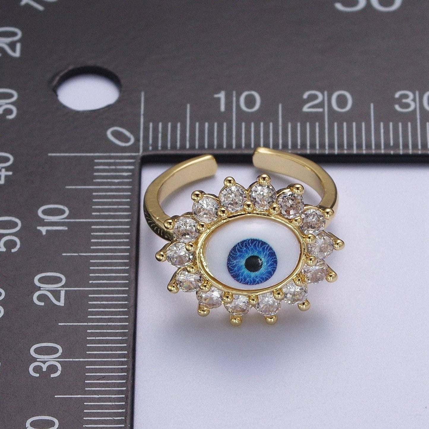 Blue Evil Eye & Swarovski Crystal Gold Adjustable Ring
