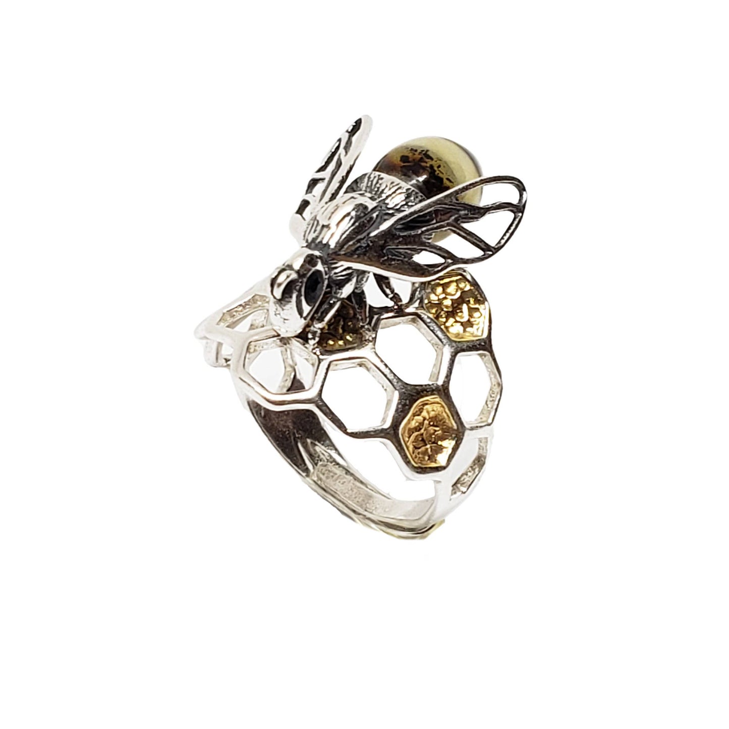 Multi-Color Amber Sterling Silver Bee Adjustable Ring