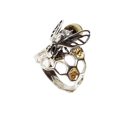 Multi-Color Amber Sterling Silver Bee Adjustable Ring