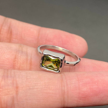 Green Zircon Inlaid Stainless Steel Adjustable Ring