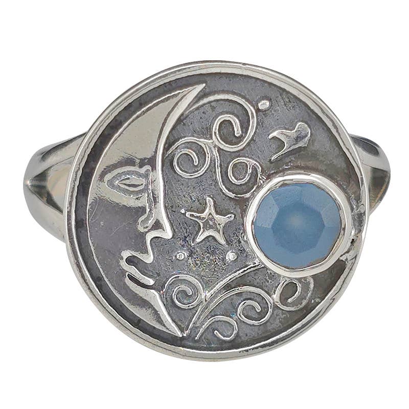 Faceted Blue Chalcedony Silver Moon Ring