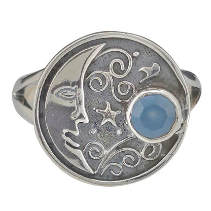 Faceted Blue Chalcedony Silver Moon Ring
