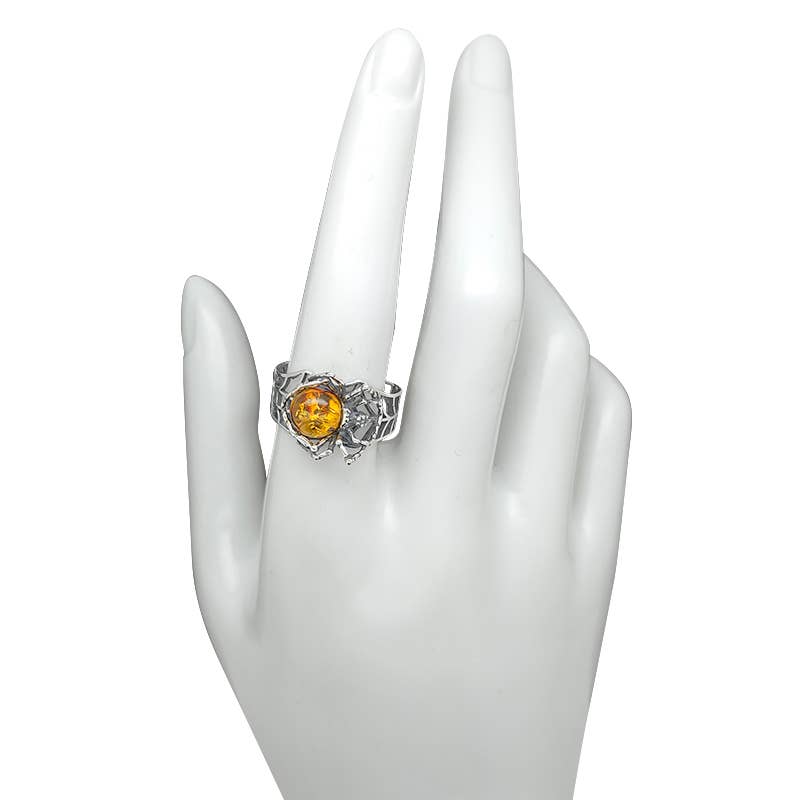 Cognac Amber Silver Spider Adjustable Ring