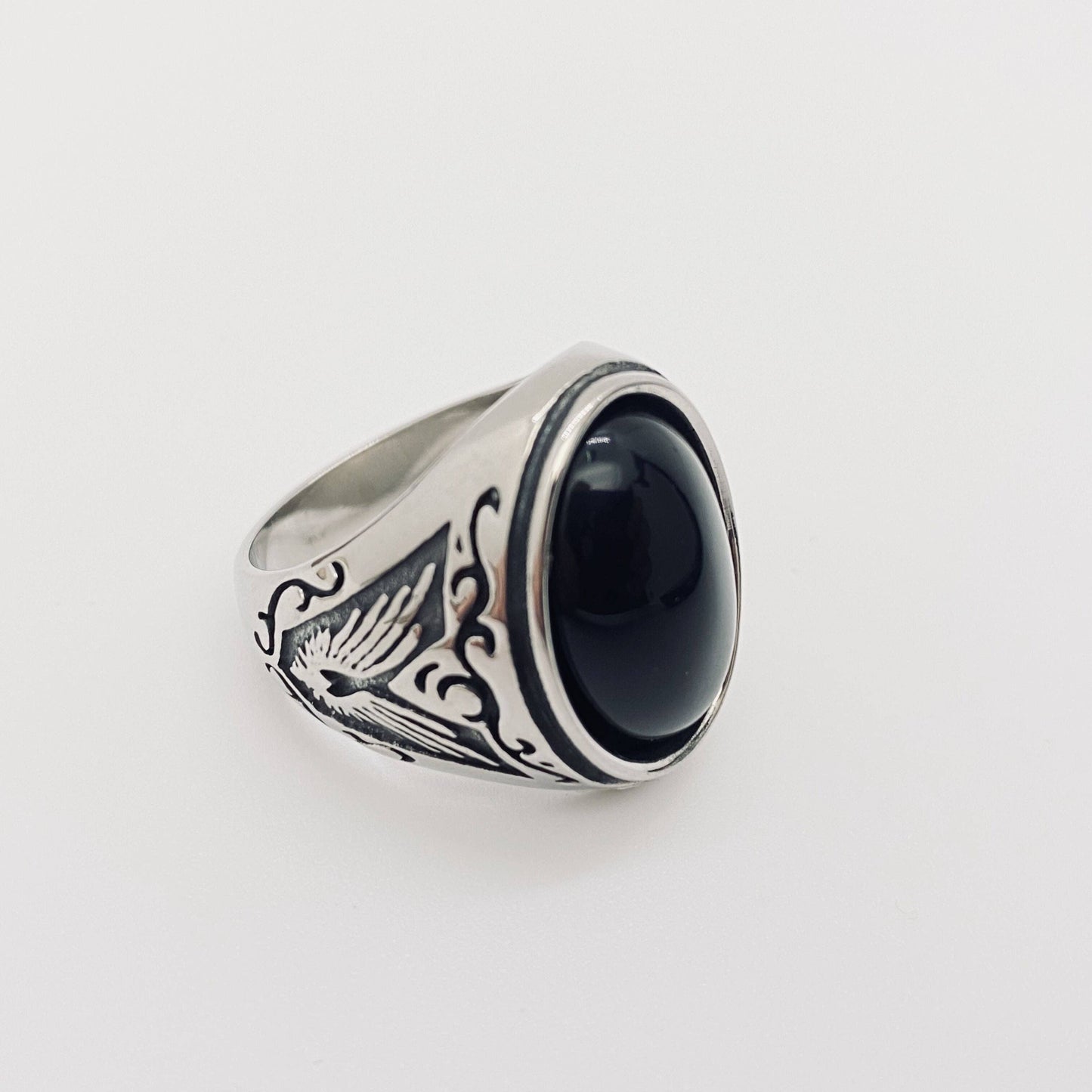 Stainless Steel Engraved Ring with Black Agate