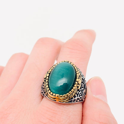 Green Onyx Flame Pattern Stainless Steel Ring