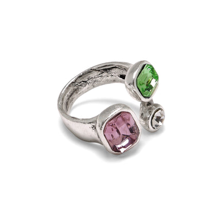 Handmade  Green Pink Swarovski Crystal 945 Silver Plate Ring