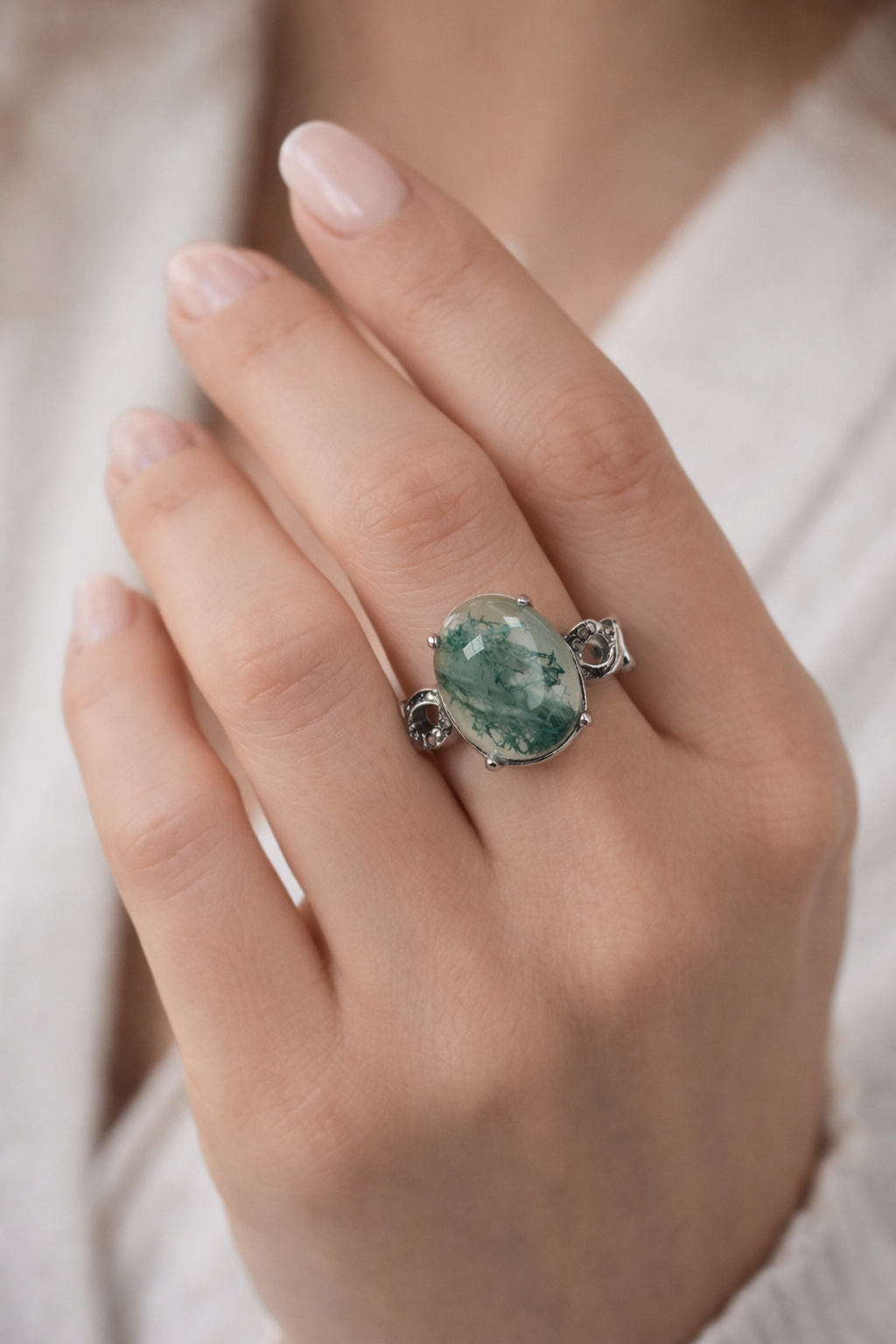 Natural Moss Agate Stainless Steel Rings - Herkimer Diamond Details