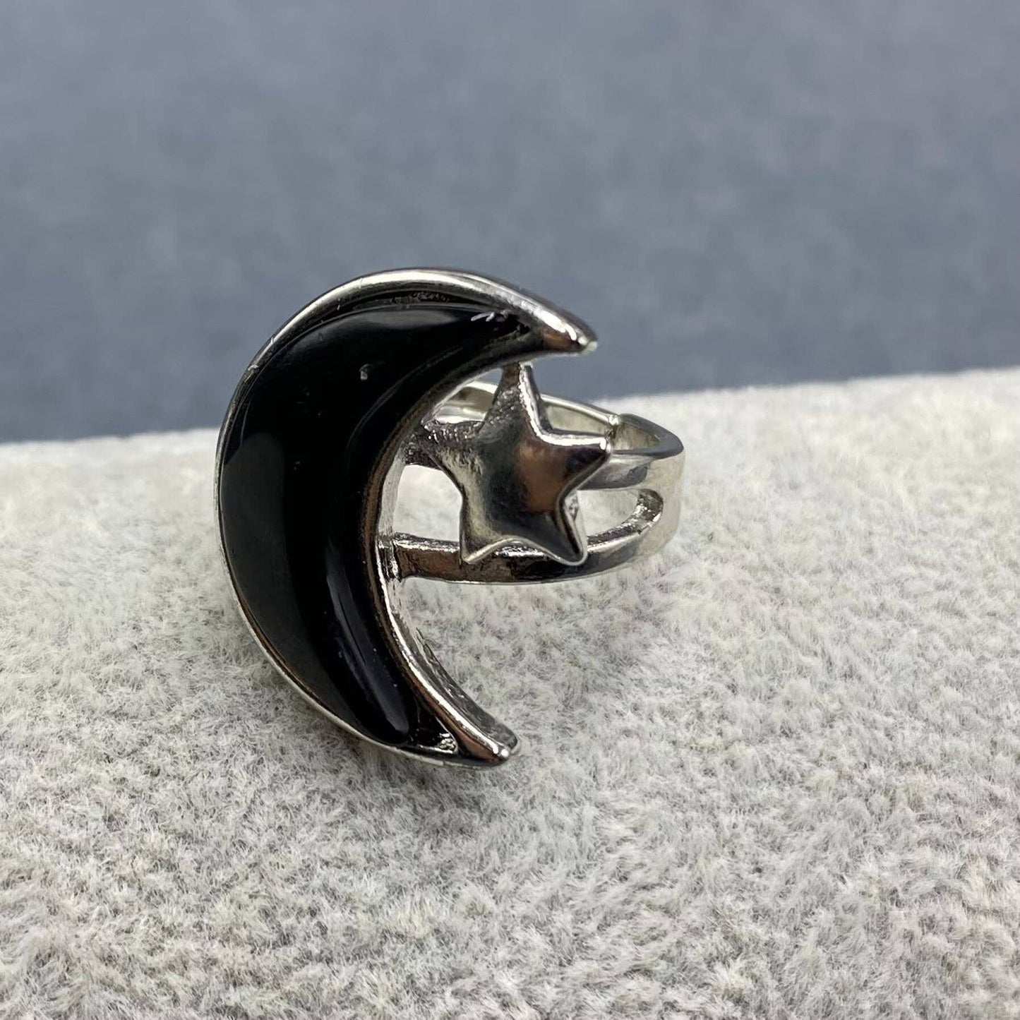 Agate Moon & Star Silver Tone Adjustable Ring
