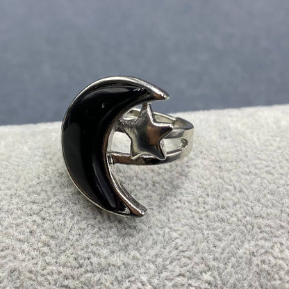 Agate Moon & Star Silver Tone Adjustable Ring
