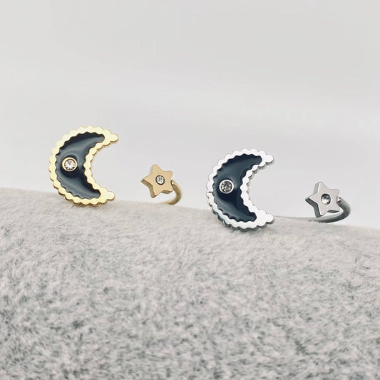 Black Enamel Moon & Star Stainless Steel Adjustable Ring