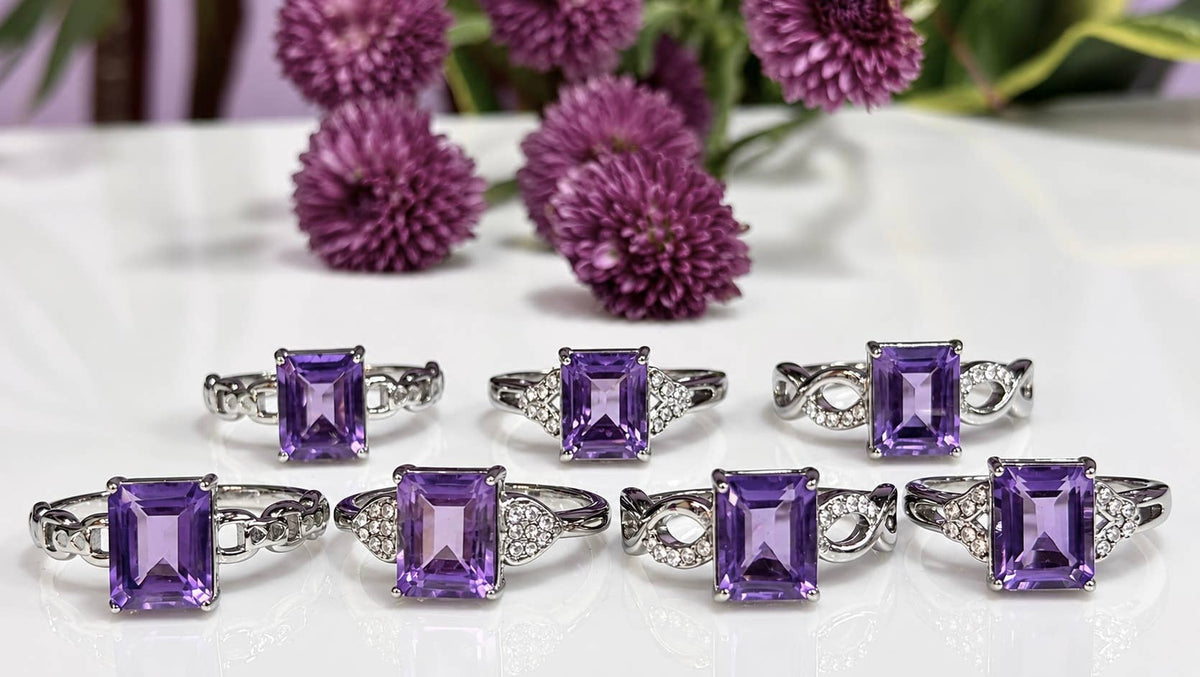 Natural Amethyst Emerald Cut Stainless Steel Ring 7x9mm
