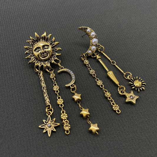Celestial Asymmetric Sun Moon Post Earrings