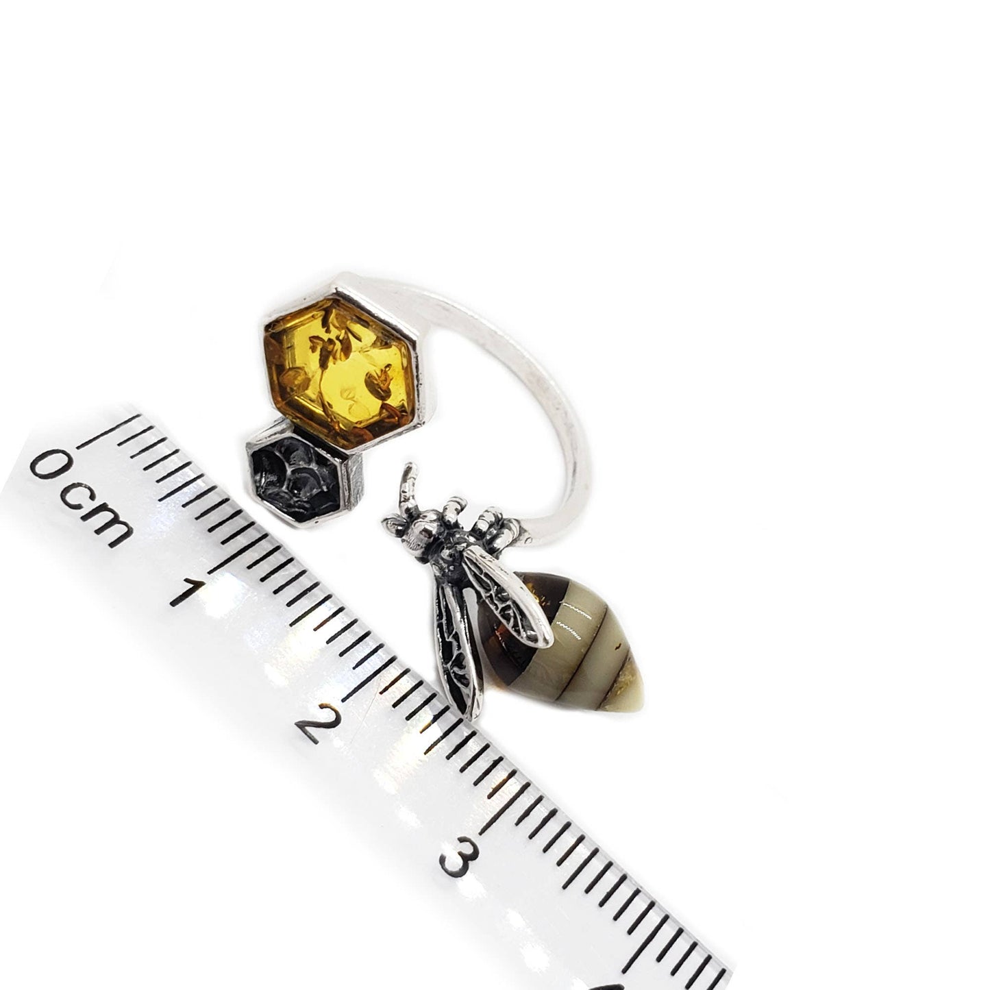 Bee Amber Silver Adjustable Ring