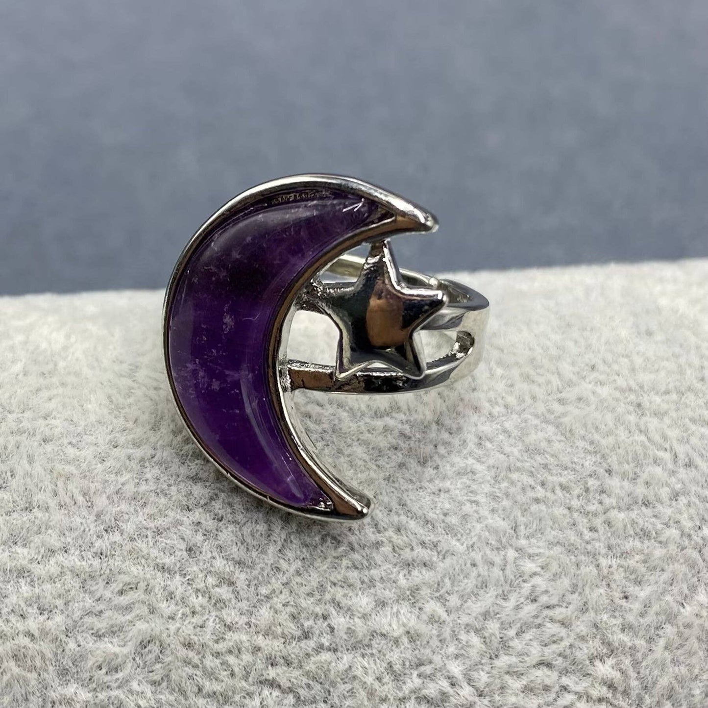 Agate Moon & Star Silver Tone Adjustable Ring