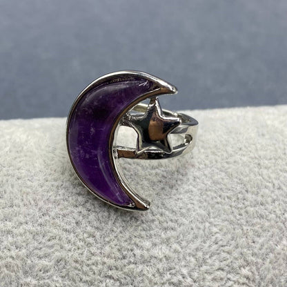 Agate Moon & Star Silver Tone Adjustable Ring