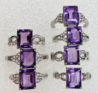Natural Amethyst Emerald Cut Stainless Steel Ring 7x9mm