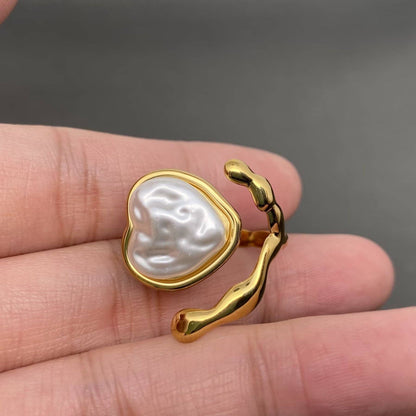 Heart Shape Pearl Inlaid 18K Gold Plated Adjustable Ring