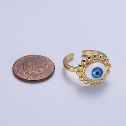 Elegant Gold Beaded Blue Evil Eye Protection Ring ☆ Adjustable