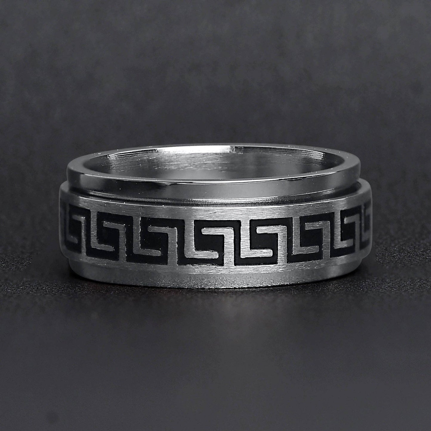 Black Greek Key Spinner ☆ Stainless Steel Ring