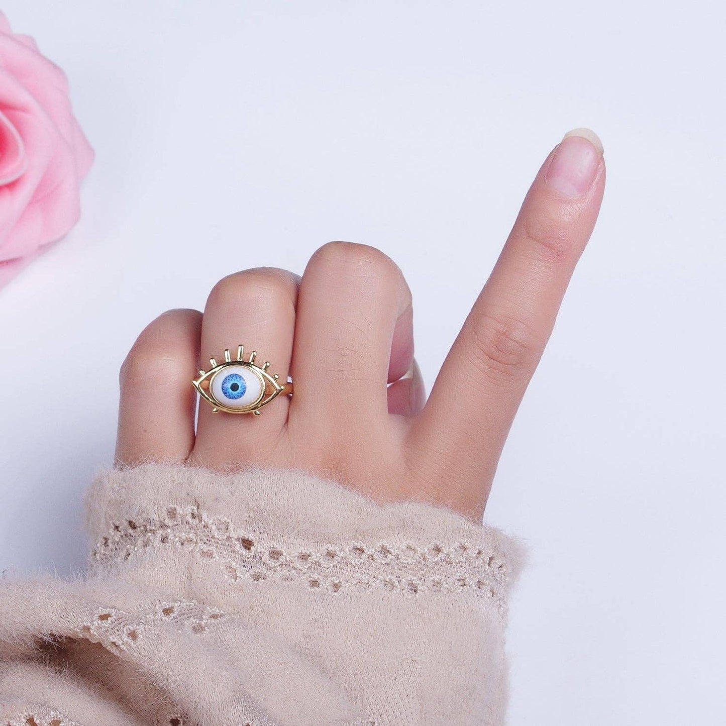 Blue Evil Eye With Eyelashes Adjustable Ring