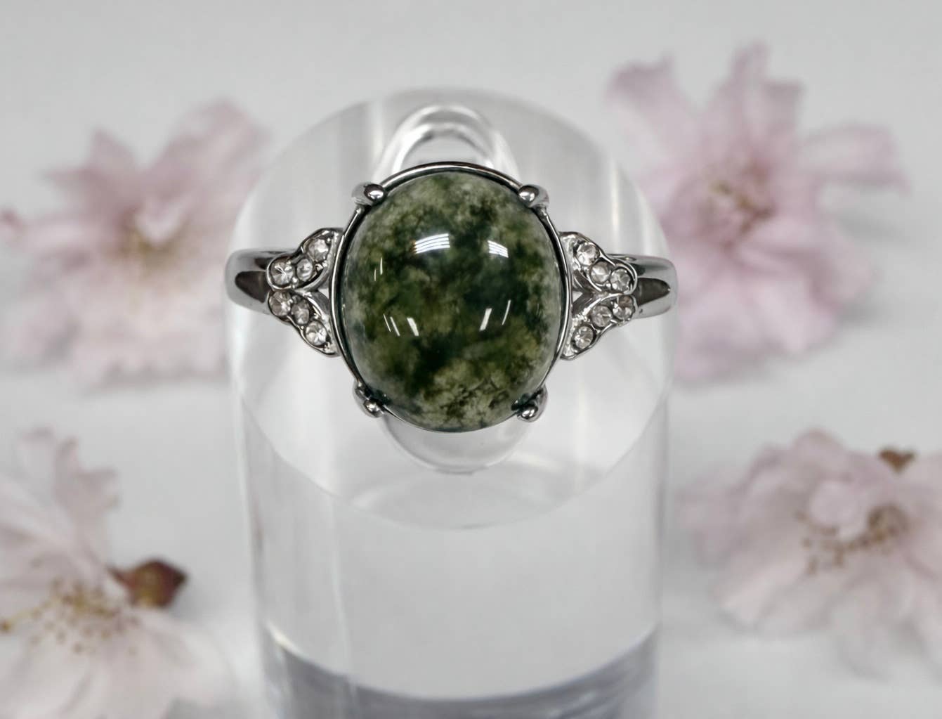 Natural Moss Agate Stainless Steel Rings - Herkimer Diamond Details