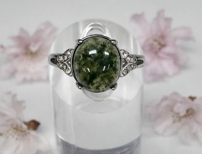 Natural Moss Agate Stainless Steel Rings - Herkimer Diamond Details