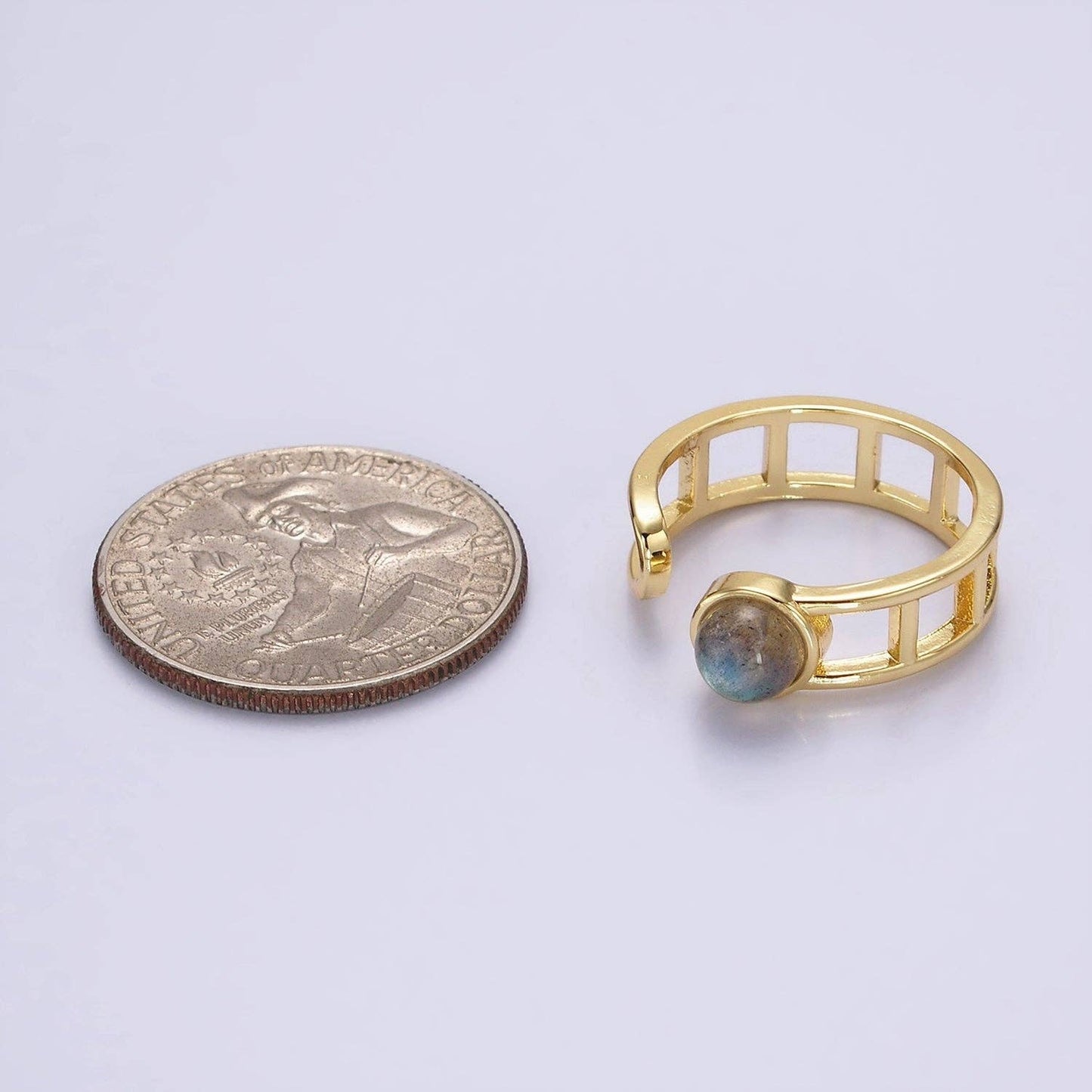 14K Gold Filled Round Labradorite Bar Wrap Double Band Adjustable Ring