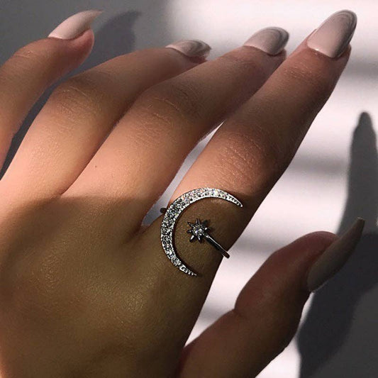 Crescent Moon Star Ring Adjustable Ring
